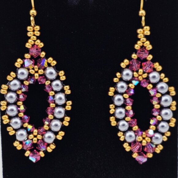 14K Gold Plated Beaded Drop French Wire Earrings Made with Swarovski Crystals - Picture 4 of 4